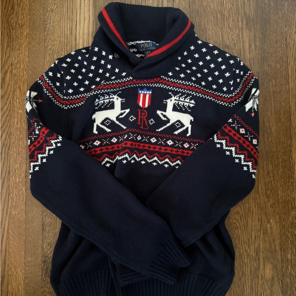 NWT Ralph Lauren Reindeer Cotton-Blend Shawl Sweater - Picture 2 of 3